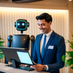man and robot receptionists