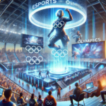Hyperrealistic image of the future of esports in the Olympics with a futuristic stadium, holographic screens, and enthusiastic crowd