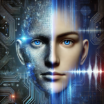 AI voice cloning concept illustrated by a human face split in half, with one side showing a normal face and the other side composed of digital waveforms and soundwaves.