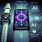 A futuristic image showcasing Apple's iPhone 16 and Watch Series 10, featuring sleek, modern AI integration elements with a glowing background, highlighting camera, health monitoring, and battery life features.