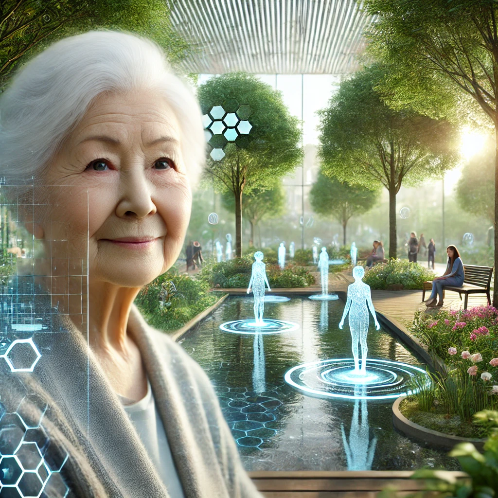 An-elderly-woman-at-age-100-standing-in-a-peaceful-futuristic-garden-with-natural-elements-like-trees-and-water-combined-with-modern-human-centric-