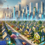 Photorealistic image of the future of real estate in 2030, featuring a blend of futuristic smart homes with modern architecture, multigenerational families in tech-enabled spaces, and preserved historical buildings. The image shows active homes connected to smart city infrastructure, surrounded by greenery and solar panels, depicting a bright and optimistic vision of balanced technology, tradition, and humanity