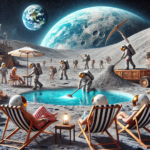 Futuristic scene on the moon with people relaxing by a pool, mining operations in the background, and Earth visible in the sky.