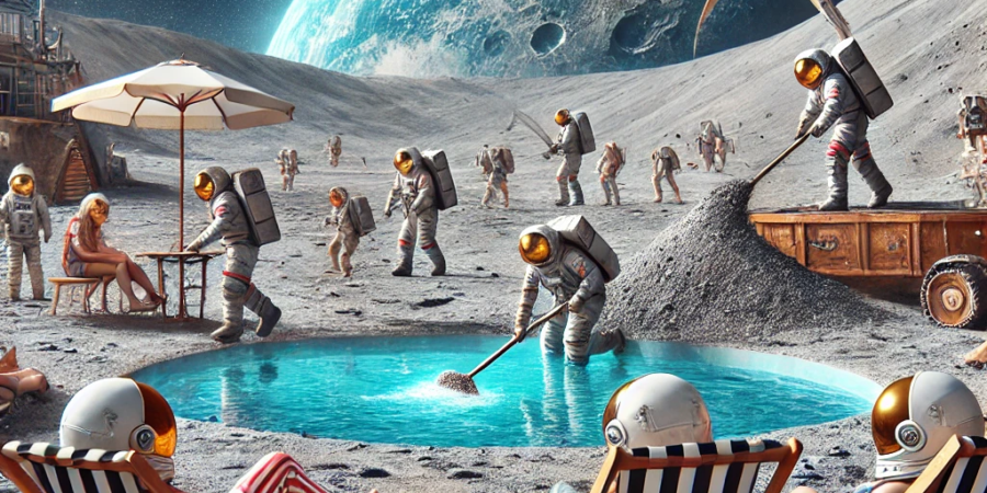 Futuristic scene on the moon with people relaxing by a pool, mining operations in the background, and Earth visible in the sky.