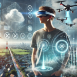 A casually dressed individual wearing sleek XR glasses receives a personalised weather forecast through a holographic display. Drones and satellites collect real-time weather data in the futuristic cityscape background.