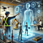 A futuristic scene showcasing a blended apprenticeship environment where technology and human mentorship coexist. A digital twin hologram guides a worker through an augmented reality (AR) training session, while a human mentor provides hands-on advice. In the background, advanced tools like drones and AI-powered devices symbolize the future of work in a post-automation world.