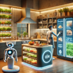 A futuristic kitchen with a high-tech ambiance, where a person and a friendly robot, wearing a chef's hat, collaborate on cooking a meal. The kitchen is equipped with smart appliances, including a display on the fridge showing recipes, weight sensors on the countertop, and an indoor hydroponic herb garden. The scene is warmly lit, combining a sense of advanced technology with a cozy, inviting atmosphere