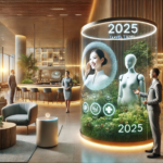 Warm, modern hotel lobby with natural light, comfortable seating, and greenery. Human staff are the focus, welcoming guests at small, subtly integrated AI-powered check-in kiosks. The lobby features soft-lit wellness areas with eco-friendly decor, reflecting the balance of technology, sustainability, and human interaction in 2025 hospitality trends