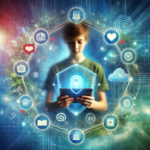 A young person holding a smartphone, surrounded by subtle digital icons like chat bubbles, hearts, and notifications, with a protective light aura symbolizing safety in social media. The background features futuristic blues and greens with abstract shapes, indicating a balance between freedom and protection in the digital world.