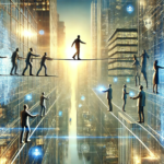 A conceptual image Conceptual image by Morris Misel of trust and collaboration in a digital, futuristic cityscape. In the foreground, a person walks on a highwire between two tall buildings, supported by others on either side. Below, additional figures extend hands toward one another, symbolizing mutual support and connection. The background shows a digital cityscape with technology-inspired architecture, in vibrant blue, silver, and gold tones