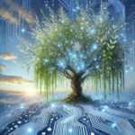 A serene blue sky above a futuristic willow tree with branches and leaves formed from glowing computer chip patterns and intricate circuit lines, symbolising the blend of nature and technology.
