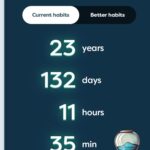 A digital screenshot of the AI Death Clock app displaying a countdown of 23 years, 132 days, 11 hours, 35 minutes, and 44 seconds remaining for Morris. The screen includes two options: "Current Habits" and "Better Habits," with the current selection on "Current Habits." A stylized hourglass held by a skeletal hand appears in the lower-right corner.