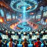 A high-energy digital artwork depicting an immersive eSports arena where players compete in AI-generated, ever-changing environments. Humans are shown intensely engaged at futuristic gaming stations, while dynamic landscapes morph around them. Neon lighting, holographic effects, and interactive audience screens add to the electric atmosphere, blending cyberpunk aesthetics with futuristic gaming innovations.