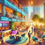 A vibrant, modern hotel scene showcasing select-service and extended-stay concepts. Guests are seen working remotely, socializing, and settling into extended-stay suites with kitchenettes. The hotel integrates co-working lounges, smart check-ins, and flexible spaces, reflecting the transition from traditional CBD hotels to dynamic Consumer Leisure Districts (CLD). The atmosphere is warm and inviting, with natural lighting, greenery, and a seamless blend of business and leisure.