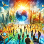 A bright and human-centric futuristic image illustrating global demographic shifts. The image features a diverse group of people from different generations and cultural backgrounds engaged in key future-oriented activities such as business strategy discussions, urban planning, digital entertainment (eSports), and sustainability initiatives. A dynamic, forward-looking cityscape in the background highlights technological integration, green infrastructure, and a thriving global economy adapting to population trends.