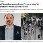 A split image featuring futurist Morris Misel on the left and a busy pedestrian street on the right. The article headline above warns about the potential consequences of replacing Gen Z workers with AI in the Australian job market.