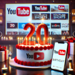 A high-resolution, photorealistic image celebrating YouTube's 20th birthday. The centerpiece is a beautifully decorated red and white birthday cake with glowing candles in the shape of '20'. Surrounding the cake are digital screens, including a smart TV displaying YouTube's homepage, a smartphone showing YouTube Shorts, and a laptop open to YouTube Studio. The scene has a festive yet futuristic atmosphere, with soft lighting and confetti floating in the air.