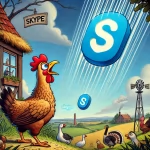 A vibrant digital illustration inspired by the folktale Chicken Licken, featuring a panicked cartoon chicken looking up as a large blue Skype logo falls from the sky. Surrounding animals, including a duck, goose, and turkey, watch in concern against a whimsical countryside backdrop. The phrase "The Skype is Falling!" is integrated into the scene on a signpost or speech bubble, blending classic storybook aesthetics with modern digital elements.