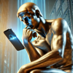 A futuristic reinterpretation of The Thinker statue. The bronze statue holds a smartphone in one hand, gazing intently at the screen as if searching for information. The background is sleek and digital, symbolizing the shift from deep contemplation to instant knowledge access in the AI era.