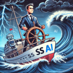 A cartoon-style illustration of a determined ship captain navigating a boat named "SS AI" through rough seas. The stormy waves symbolize AI disruption, while the captain firmly grips the wheel, representing executive leadership and control. A small AI robot stands beside the captain, highlighting the partnership between human decision-making and artificial intelligence. Dark clouds and lightning in the background add to the tension, illustrating the challenges of AI governance.