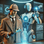 A futuristic detective in a houndstooth coat and deerstalker hat collaborates with a sleek, humanoid AI assistant in a high-tech research lab. The detective examines a complex data set with a magnifying glass, while the AI points at key insights on a floating holographic screen. The setting merges vintage detective aesthetics with futuristic technology, symbolizing the synergy between human intuition and AI-powered research.