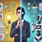 A cartoon-style illustration of the balance between human intuition and AI-driven efficiency in the workplace. On one side, a business executive in a suit holds a glowing lightbulb, symbolizing creativity and strategic thinking. On the other side, a humanoid AI robot analyzes data on a futuristic screen, representing automation and intelligence. The background splits into two sections—one featuring human-led brainstorming with sketches and notes, and the other filled with data streams and AI-driven processes. The scene is set in a modern office with a futuristic atmosphere, capturing the evolving role of humans alongside AI.