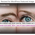 Close-up of two blue eyes side by side, symbolising human and digital connection, with overlay text: “Our always awake and alert digital twin stands 24/7 guard over our mind, body, health and surroundings.” Image by Morris Misel from the “Imagine the Possibilities” foresight card series.