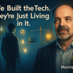 Portrait of Morris Misel beside a young person surrounded by digital icons and glowing symbols, with the headline “We Built the Tech. They’re Just Living in It.”