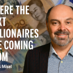 A professional digital composite featuring futurist Morris Misel smiling confidently in front of a stylised background of international currency notes including US dollars and Australian banknotes. Text reads: “Where the Next Billionaires Are Coming From”.