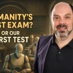 Portrait of Morris Misel standing confidently in the foreground, with a cinematic classroom behind him where humans and humanoid robots are seated at vintage wooden desks, taking an exam. The background blends classical and futuristic elements, with arched windows, a chalkboard, and glowing tech features. Bold text reads: “HUMANITY’S LAST EXAM? OR OUR FIRST TEST.”