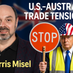 Morris Misel in foreground with digitally composed backdrop of Donald Trump wearing a stars-and-stripes hard hat, holding a stop/go sign, symbolising potential U.S.–Australia pharmaceutical trade tension.