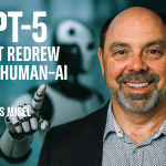 Morris Misel smiling in front of a humanoid robot pointing toward the camera, with bold text reading “GPT‑5 Just Redrew the Human–AI Line”