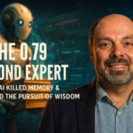Morris Misel futurist keynote speaker in front of cinematic AI background with robot and library imagery, representing the 0.79 second expert and how AI killed memory and changed the pursuit of wisdom