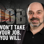 A bold digital composite image of Morris Misel, global futurist, with the headline ‘AI Won’t Take Your Job. You Will.’ set against a stark industrial backdrop, symbolising the human choice driving the future of work.