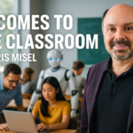 Morris Misel in a modern classroom with students and AI technology, symbolising the future of education and safe AI adoption in schools.
