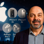 Morris Misel standing in front of Apple September 2025 event visuals including iPhone 17 Air and AirPods Pro 3, providing futurist foresight on what these announcements signal for the future of technology, AI, and leadership.