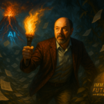 Cinematic illustration of futurist Morris Misel holding a glowing torch of wisdom, cutting through a jungle of AI-generated reports and slide decks, with an erupting AI volcano in the background and the Immediate Futures logo subtly integrated.