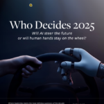 Cover of Who Decides 2025, Morris Misel’s foresight research report, showing a human hand and a robotic hand sharing control of a steering wheel, symbolising the question: Will AI steer the future or will human hands stay on the wheel?