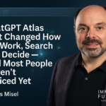 Cinematic image of futurist Morris Misel beside a glowing browser window with neural patterns, illustrating his article ‘ChatGPT Atlas Just Changed How We Work, Search and Decide — And Most People Haven’t Noticed Yet.’ The image symbolises AI and human collaboration in modern decision-making.