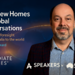 Portrait of Morris Misel with glowing global arcs connecting Australia, Europe, and North America, announcing partnerships with A-Speakers and Aussie Speakers USA, set against a twilight world map background.