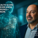 Morris Misel standing beside a holographic human figure made of glowing immune cells and data streams, visualising an AI-powered immunome health score in a futuristic foresight lab.
