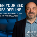 Morris Misel, futurist and foresight strategist, stands beside a softly lit smart bed glowing blue, representing the rise of smart sleep technology and its impact on human wellness. Text overlay reads “When Your Bed Goes Offline – The Future of Smart Sleep & Human Wellness” with the Immediate Futures™ logo visible.