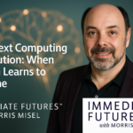 Morris Misel, award-winning global futurist and keynote speaker, standing in a bright cinematic setting symbolising the fusion of biology and technology. The Immediate Futures™ logo appears in the corner, representing foresight, leadership, and the next computing revolution from silicon to living intelligence.