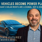 Morris Misel, global futurist and keynote speaker, stands beside a futuristic electric vehicle with solar panels on its roof, glowing under sunlight. Energy lines connect the car to nearby buildings, symbolising distributed energy systems and the future of mobility. The Immediate Futures™ logo appears in the image