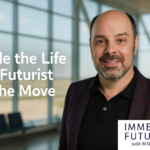 Morris Misel, award-winning global futurist and keynote speaker, standing in a bright modern airport terminal, representing foresight, calm and global travel. Immediate Futures™ logo appears in the corner, highlighting his work in strategic foresight and leadership.