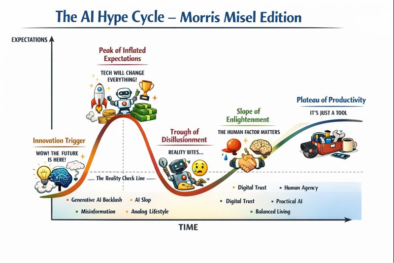 Illustration of the AI hype cycle by futurist Morris Misel, showing the rise and fall of expectations over time from innovation trigger to peak of inflated expectations, trough of disillusionment, slope of enlightenment, and plateau of productivity, highlighting generative AI backlash, AI fatigue, analog lifestyle responses, human agency, digital trust, and practical AI use.