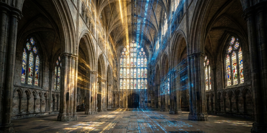 When the Moral Architecture Catches Up — cathedral light and digital streams, civilisational threshold imagery for AI and human dignity post by Morris Misel