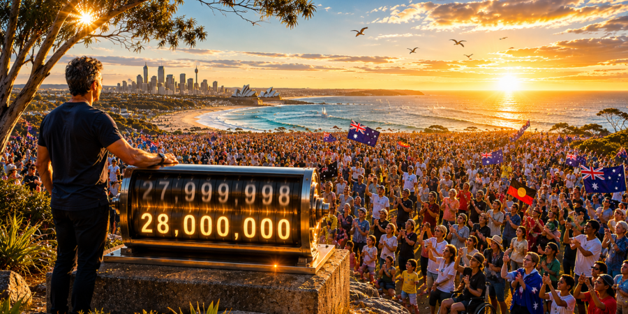 A man stands before a giant odometer rolling from 27,999,998 to 28,000,000 as a diverse crowd of Australians — every colour, every flag, every generation — gathers behind him, with the Sydney Opera House and harbour visible at dawn