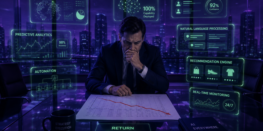 Leader reviewing AI ROI spreadsheet showing zero return while surrounded by glowing AI capability dashboards — the Checking Tax visualised