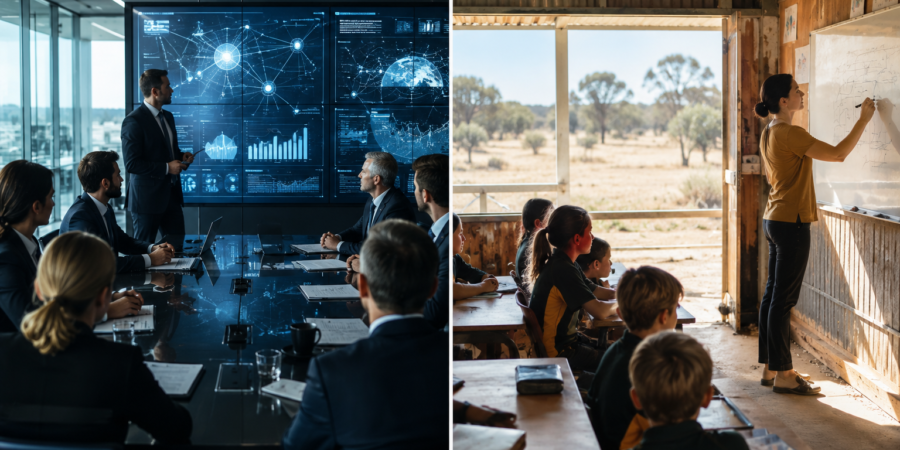 "Split image: corporate AI boardroom on the left, sunlit Australian classroom on the right — representing the gap between who Australia's AI strategy serves and who it leaves out.
